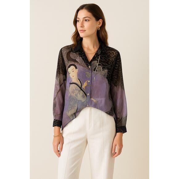 Citron Santa Monica Silk Purple Asian Sheer Blouse Large Button Down Oversized - Picture 1 of 10